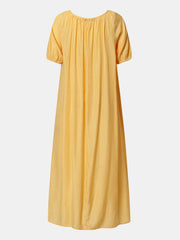 Solid Puff Sleeve Pleated Daily Casual Chiffon Maxi Dress