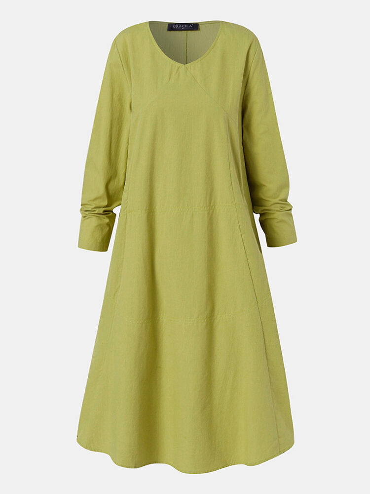 Women Solid Color V-Neck Long Sleeve Plain Casual Dress With Side Pocket