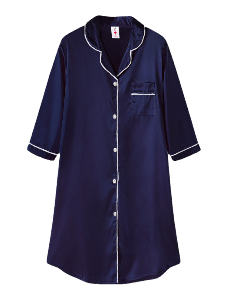 Women Ice Silk Chest Pocket 3/4 Sleeve Shirt Cozy Nightdress With Contrast Binding
