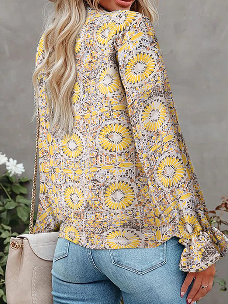 Flower Print Button Long Sleeve Knotted Blouse For Women