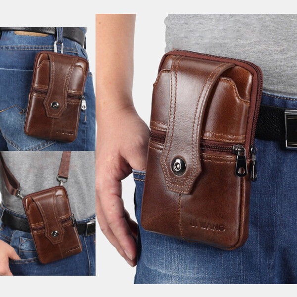 Men Genuine Leather Belt Phone Bag Casual Crossbody Shoulder