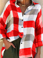 Women Plaid Button Up Lapel Loose Casual Long Sleeve Shirts