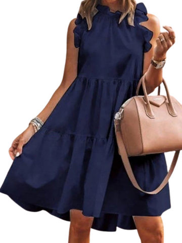 Women's Sleeveless Pure Color Ruched Crew Neck Elegant Dress