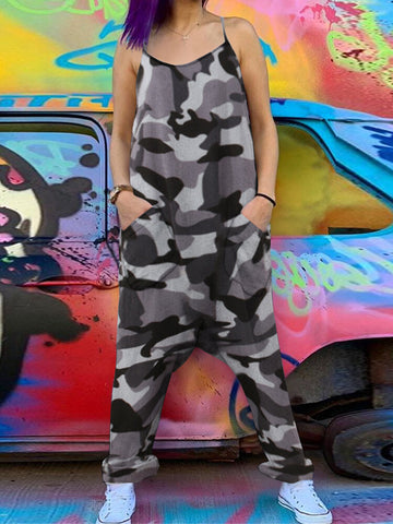 Women Loose Camouflage Print Sleeveless Harem Pants Jumpsuit with Side Pockets