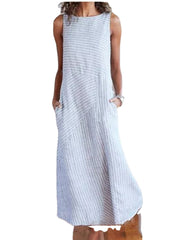 Women Casual Sleeveless Striped Maxi Dress with Pockets