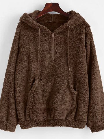 Women Plush Warm Hooded Solid Zipper Long Sleeve Kangaroo Pocket Casual Sweatshirts