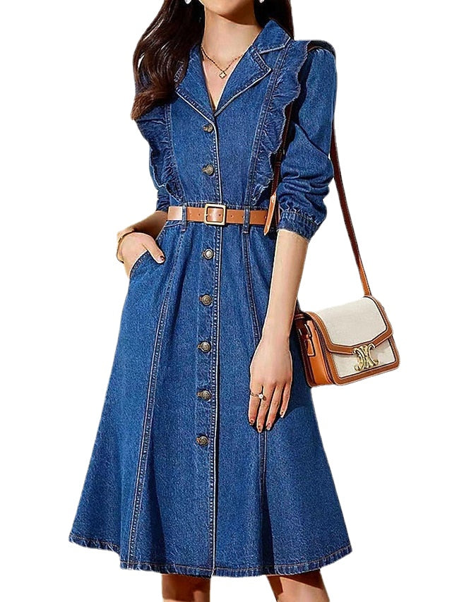 Women's Denim Midi Shirt Dress - Elegant Long Sleeve Ruffle Button for Office & Casual