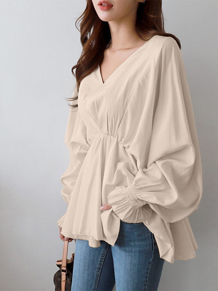 Women Solid Color V-Neck Puff Sleeve Ruffles Hem Casual Blouse