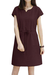 Solid Drawstring Waist Pocket Short Sleeve Casual Dress