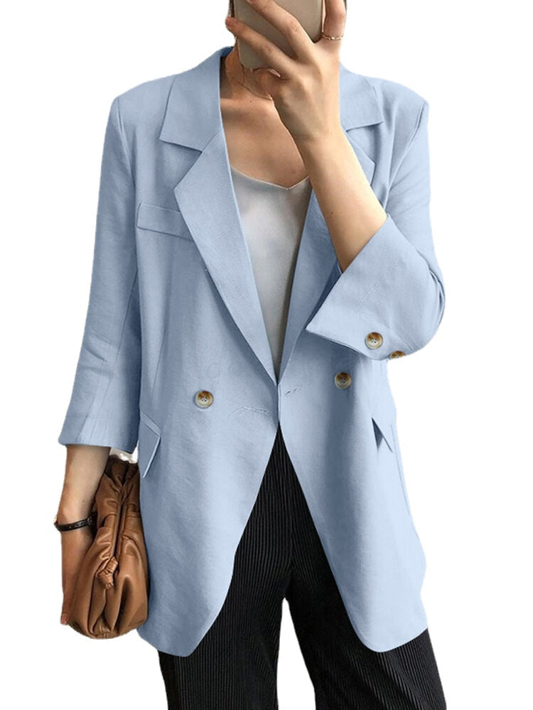 Women Solid Color with Shoulder Pad Design Button Cuff Casual Business Thin Suit