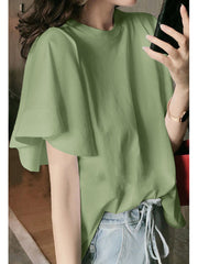 Solid Color Short Sleeve O-neck Ruffles T-shirt