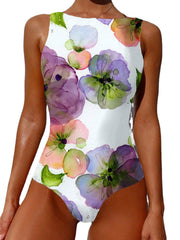Summer Holiday Abstract Flower Print Sleeveless High Neck Swimsuits