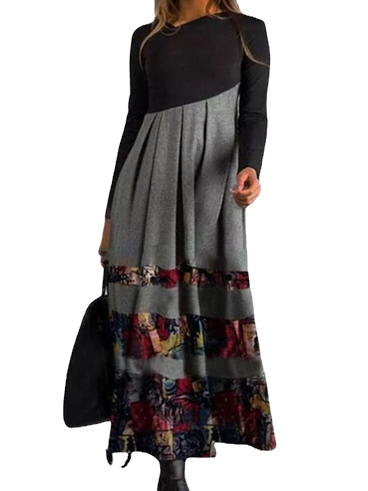 Women Vintage Floral Print Patchwork V-Neck Long Sleeve Maxi Dress