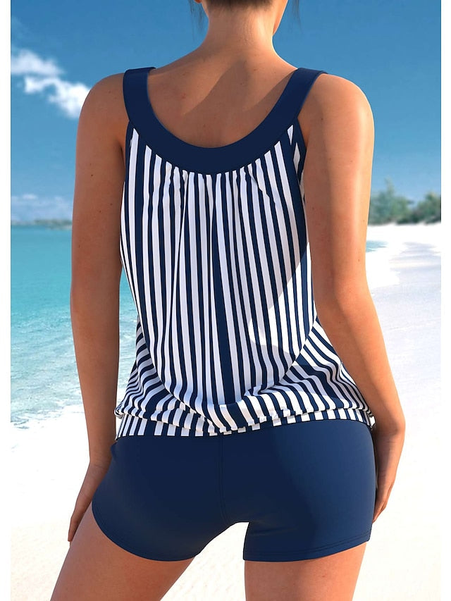 Women's Swimwear Tankini 2 Piece Plus Size Swimsuit 2 Piece Cut Out Striped Blue Green Tank Top Bathing Suits Sports Summer