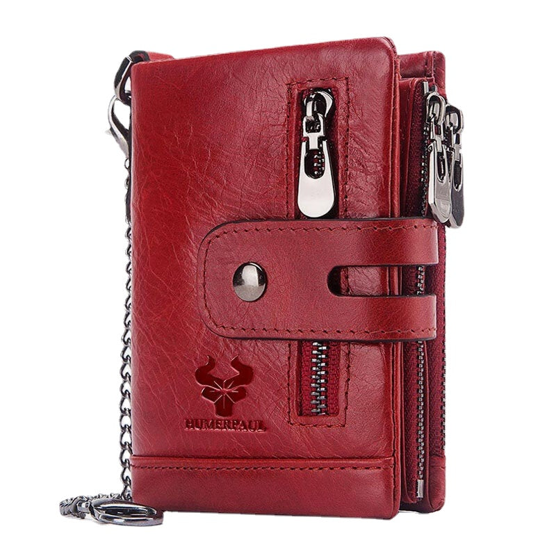 Men Genuine Leather RFID Anti-scanning Anti-Theft Zipper Wallet With Chain
