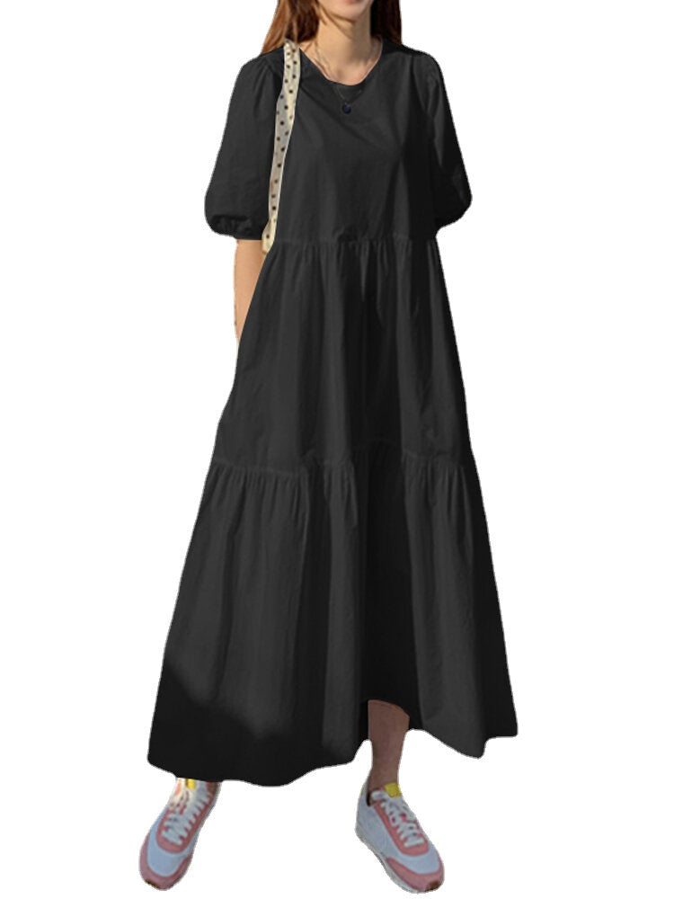 Women Cotton Solid Color Puff Sleeve Pleated Simple Maxi Dresses With Pocket