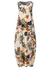 Sleeveless O-neck Loose Causal Floral Print Maxi Dress