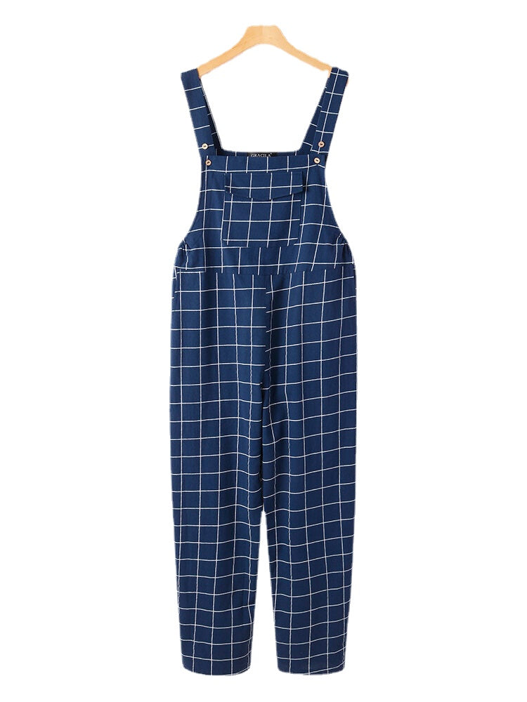 Women Grid Adjustable Strappy Sleeveless Casual Jumpsuits With Flap Pocket