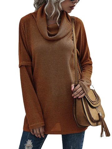 Women Solid Color Rib Knit Turtleneck Warm Long Sleeve Sweaters