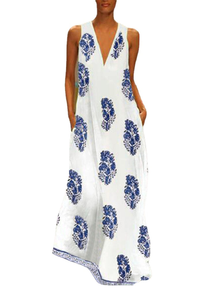 Bohemian Women V Neck Floral Print Sleeveless Maxi Dress