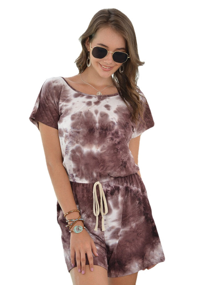 Die-dye Print O-neck Short Sleeve Drawstring Waist Mini Jumpsuits
