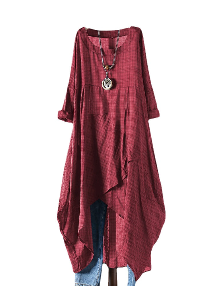 Vintage Women Cotton Pocket Plaid Irregular Hem Maxi Dress