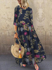 Women Retro Floral Printed Round Neck Three Quarter Sleeve Pleated Maxi Dresses