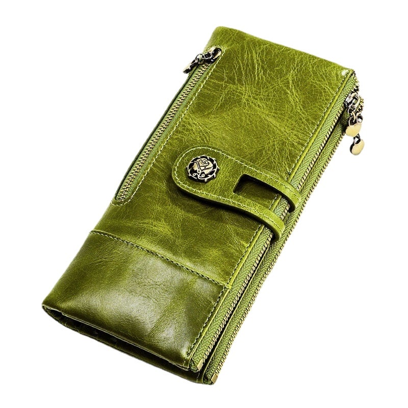 Women Genuine Leather Rfid Antimagnetic Multi-slots 14 Card Slots Zipper Bifold Long Wallet