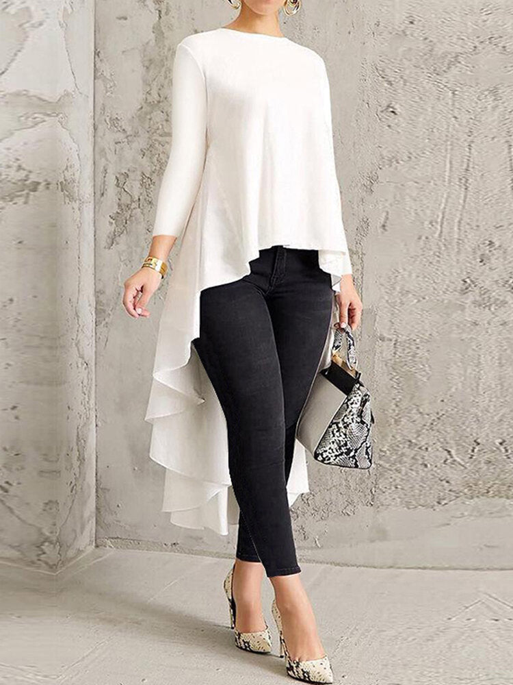 Women Long Sleeve Crew Neck High Low Hem Solid Blouse