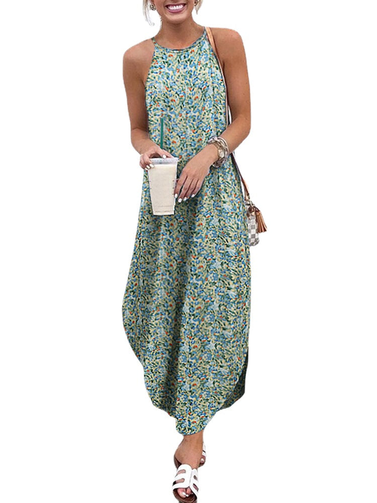 Women Floral Print Sleeveless Sling Split Hem Thin Casual Holiday Maxi Dress