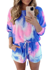 Tie Dye Women Long Sleeve Drawstring Pocket Shorts Casual Home Two-piece Set