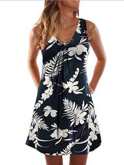 Solid Casual Sleeveless V-neck Knotted Tropical Plants Hawaii Style Holiday Mini Short Dress