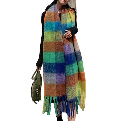 Women Cashmere Dual-use Rainbow Mixed Color Stripes Thicken Warm Plus Long Tassel Scarf Shawl
