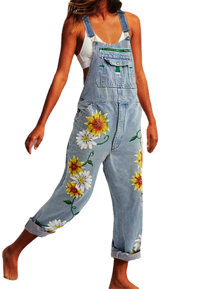Sunflower Print Sleeveless Straps Casual Jumpsuit Pocket Denim Overalls For Women