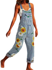 Sunflower Print Sleeveless Straps Casual Jumpsuit Pocket Denim Overalls For Women