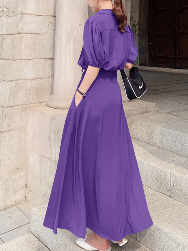 Solid Pocket Button Lapel Sash Casual Maxi Dress