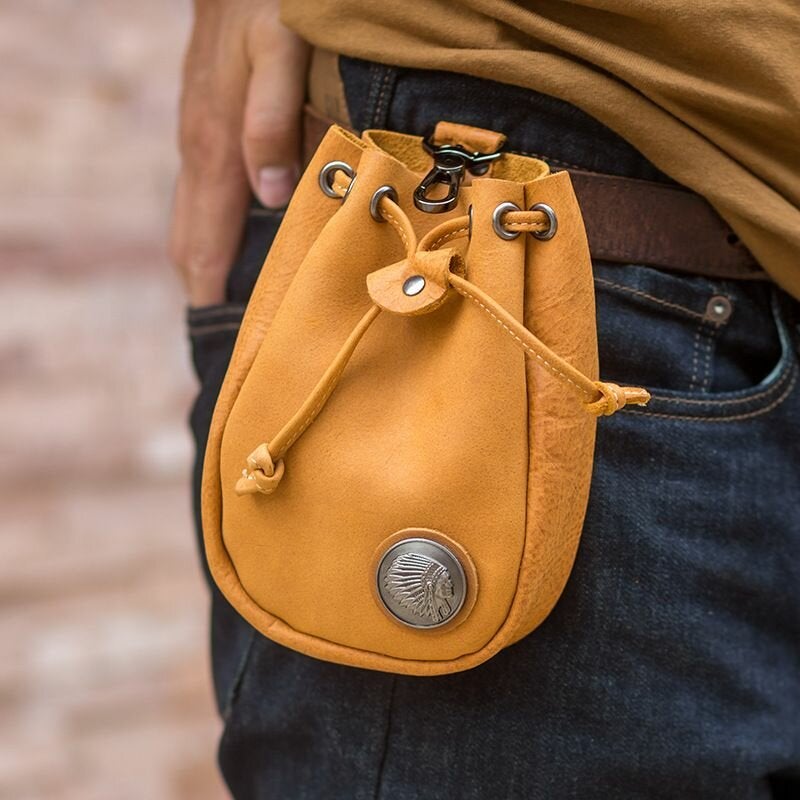 Men Genuine Leather Retro String Pocket Badge Decoration Waist Bag 6.3 Inch Phone