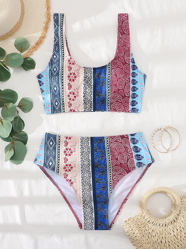 Women's Swimwear Bikini Normal Swimsuit 2 Piece Printing Graphic claret Yellow Pink Blue Coffee Bathing Suits Sports Beach Wear Summer