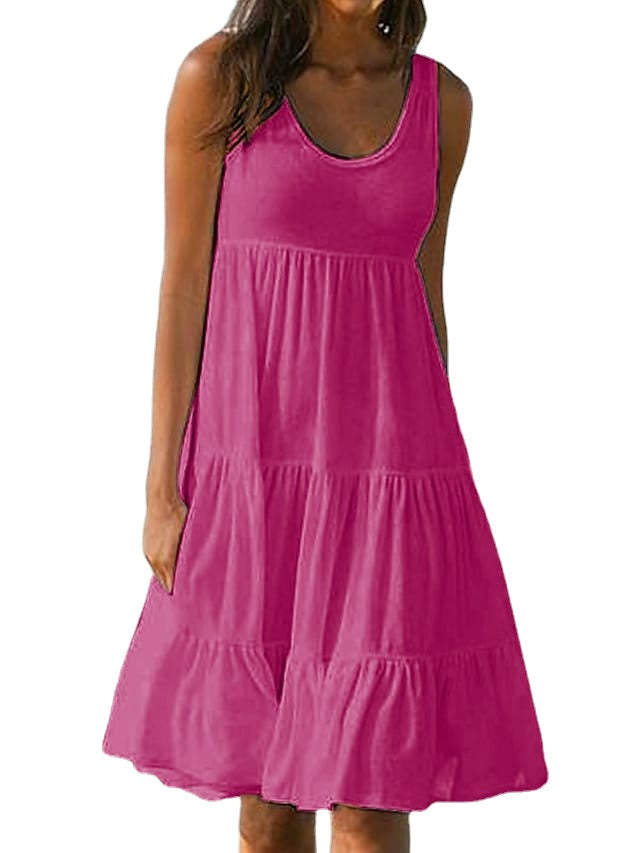 Women's Sleeveless Solid Color Ruched Round Neck Casual Beach Vacation Dress