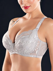 Plus Size Lace Jacquard Gather Full Coverage Push Up Bra, Grey