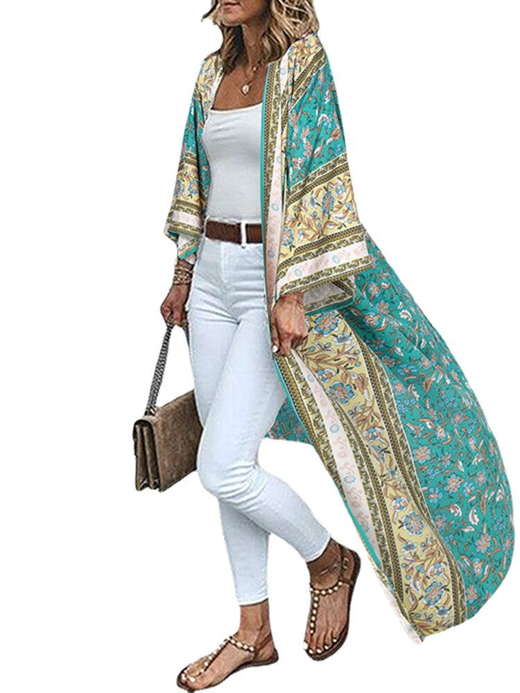 Bohemian Floral Print Loose Open Front Long Sleeve Cardigan