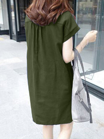 Solid Pocket Button Front Casual Dress With Belt
