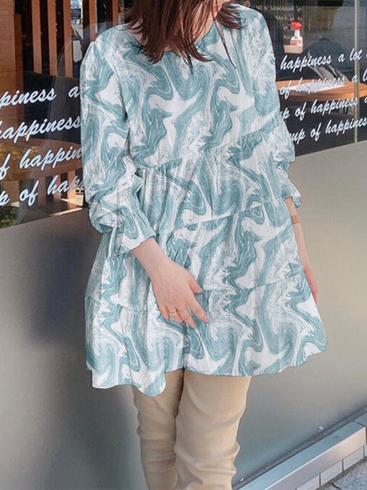 Wave Print Round Neck Ruffle Long Sleeve Blouse