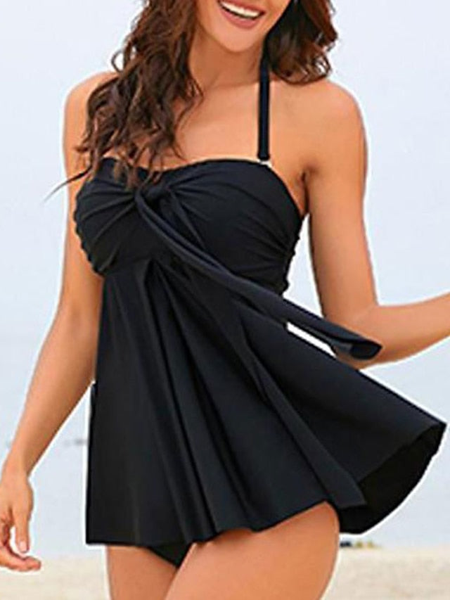 Women's Swimwear Tankini 2 Piece Normal Swimsuit 2 Piece Plain Black Navy Blue Bathing Suits Sports Summer