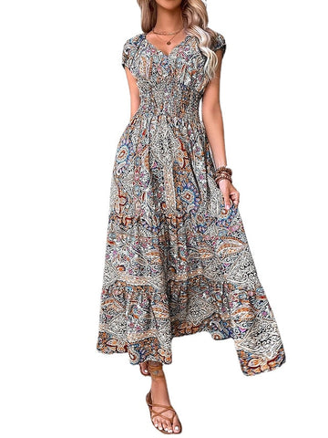 Women's Long Dress Maxi Dress Casual Dress Swing Dress Summer Dress Floral Paisley Tribal Fashion Casual Outdoor Daily Holiday Ruched Print Short Sleeve V Neck Dress Loose Fit Green Red OrangeMaxi Print Dresses