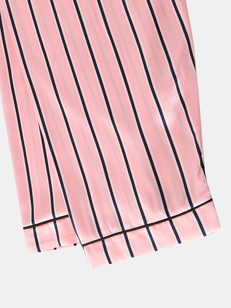 Women Pink Stripe Print Camp Collar Long Sleeve Home Casual Faux Silk Pajama Sets