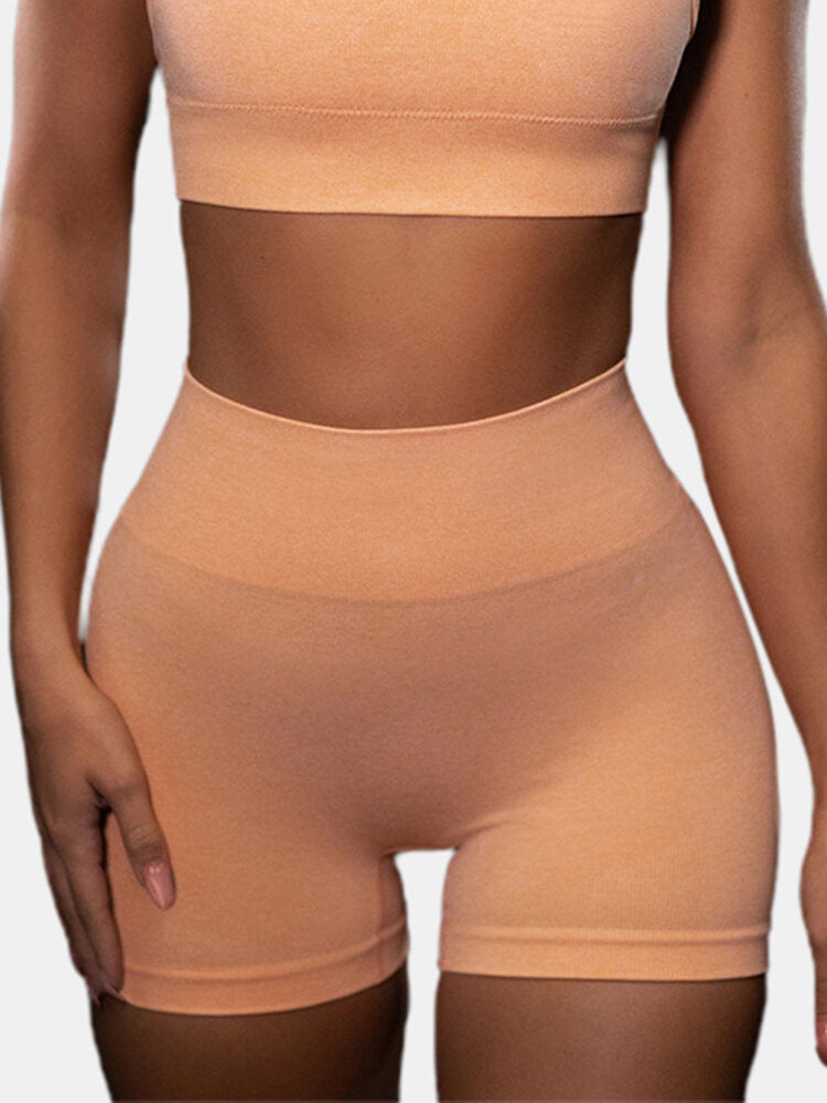 Sport Women Plain Elastic Seamless Yoga Gym High Waist Shorts