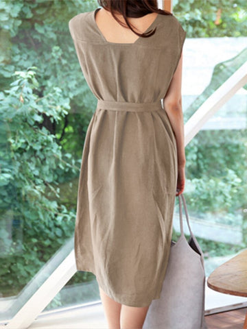 Solid Pocket Sash Casual Cotton Dress