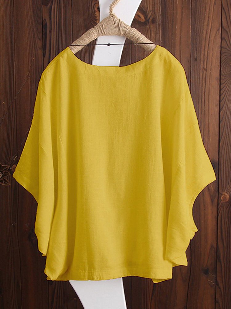 S-5XL Women Batwing Short Sleeve Solid Color Cotton Tee Blouse