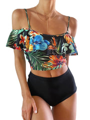 Tropical Plant Print Ruffle Spaghetti Straps High Waisted Bikinis Women Swimsuit